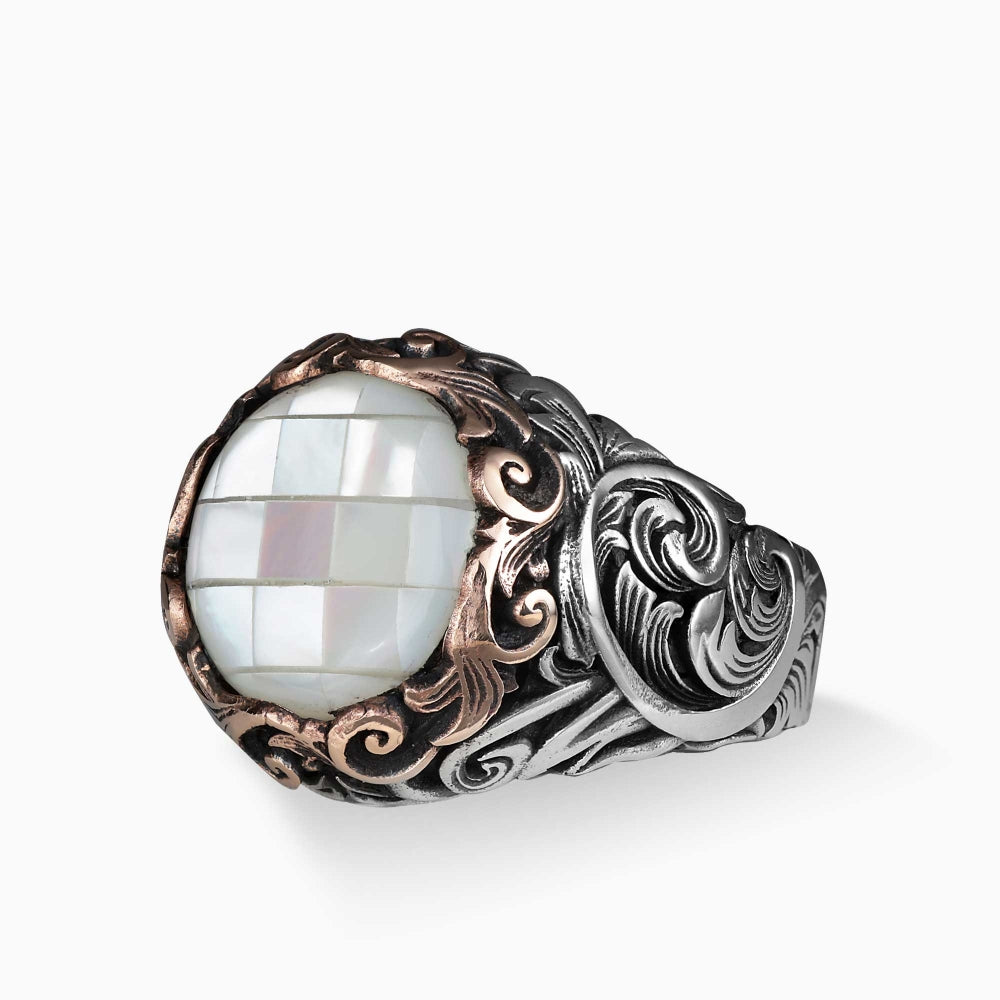 Mother of Pearl Stone Engraved Silver Ring