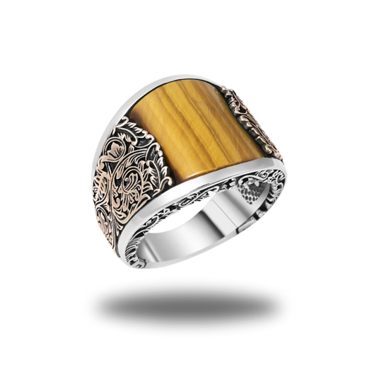 Curved Silver Men's Ring with Tiger Eye